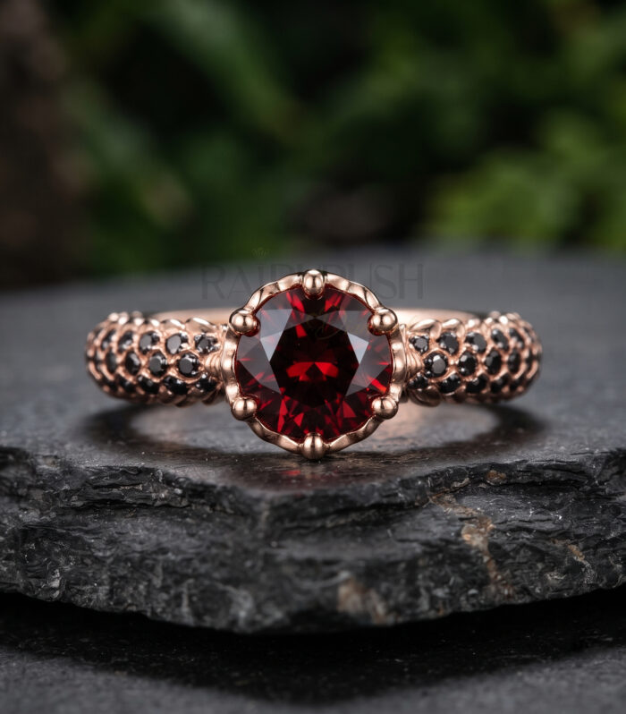 unisex 14K yellow gold plated sterling silver ring featuring a 1.50CT round red garnet center stone in a round prong setting, accented by black gemstone pave textures along the band