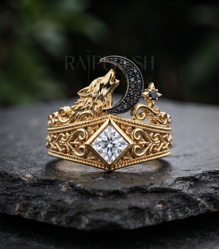 unisex 14K gold-plated sterling silver ring featuring a 1.0 CT center princess-cut moissanite stone in a bezel frame, topped with an intricate howling wolf, a black stone pave crescent moon, and filigree scrollwork band