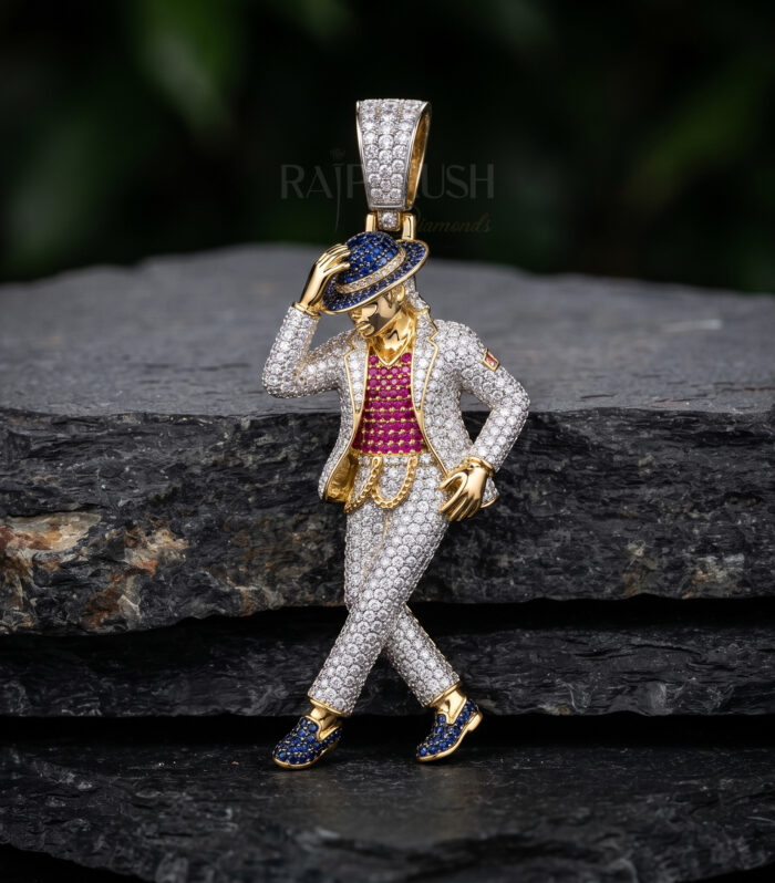 unisex iced-out hip hop pendant in 14K gold-plated sterling silver shaped like an iconic dancer posing with a fedora hat, fully paved with sparkling white, blue, and pink diamonds and gemstones