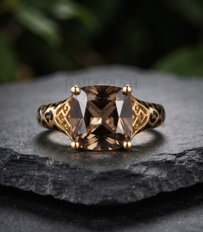 Unisex Champagne Cushion Cut Stone Leopard Print Ring in 14K Gold Plated Sterling Silver